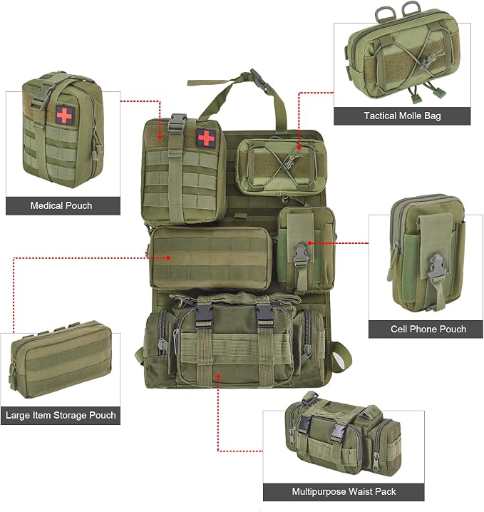 BXBXHD 6 Pack Tactical Truck Organizer Back Seat Storage Car Seat Storage Bag Molle Panels for vehicles, Car and SUV with Lots of Handy Compartments (Army green)
