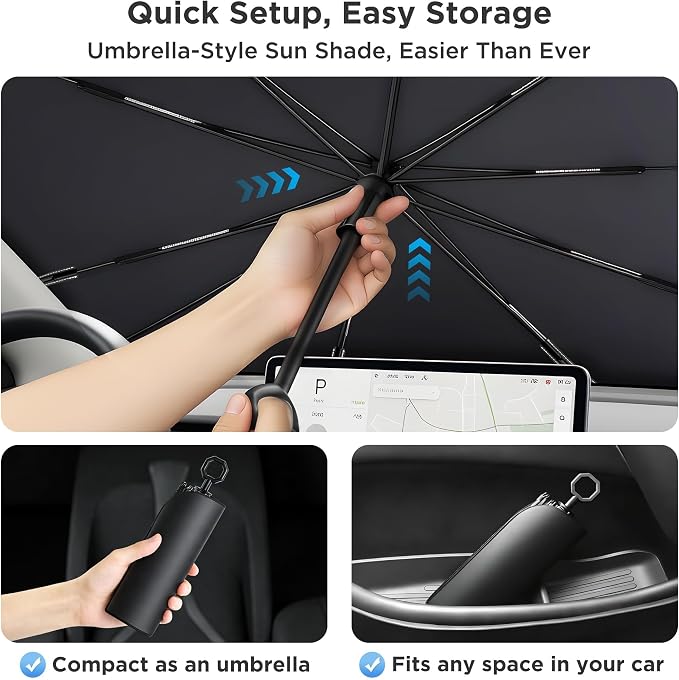 2026 Upgraded Windshield Sun Shade Umbrella [7-Layer Vinyl Coating Heat Shield] Foldable Front Window Sunshade Umbrella Flexible Handle Protect Interior from UV Keep Car Cooler (57" x 31")