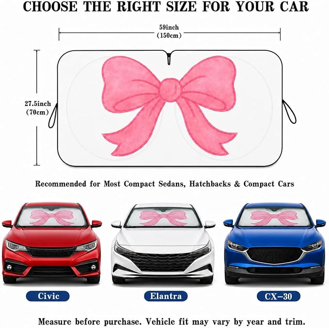 Pink Bow Car Windshield Sun Shade for Women, Cute Foldable Front Window Sunshade for Small Cars, UV Heat Blocking Car Shade, Simple Coquette Girly Car Accessories for Sedan Coupe - 59 x 27.5