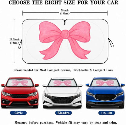 Pink Bow Car Windshield Sun Shade for Women, Cute Foldable Front Window Sunshade for Small Cars, UV Heat Blocking Car Shade, Simple Coquette Girly Car Accessories for Sedan Coupe - 59 x 27.5