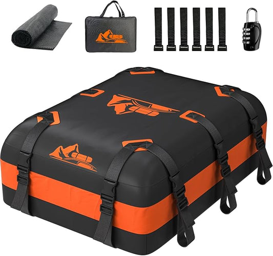 Car Rooftop Cargo Carrier Bag 20 Cubic Feet, 100% Waterproof Heavy Duty Car Roof Bag for All Vehicle with/Without Racks - Anti-Slip Mat, 6 Door Hooks, Storage Bags, 5CM Straps(Orange)
