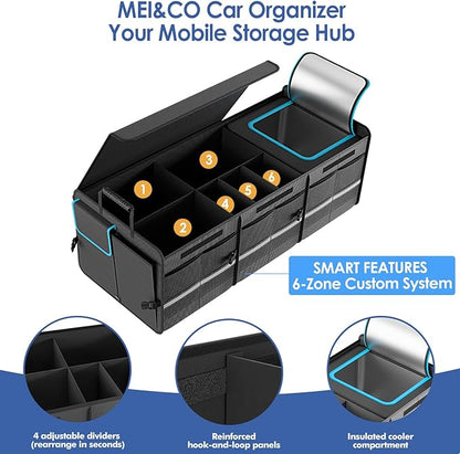 MEI&CO Car Trunk Organizer - 2.5mm PP Board Built, 35L Leakproof Cooler, 105L Capacity, 2 Tie-Down Straps, 4 Adjustable Dividers, Foldable Design for SUVs, Trucks, and Cars