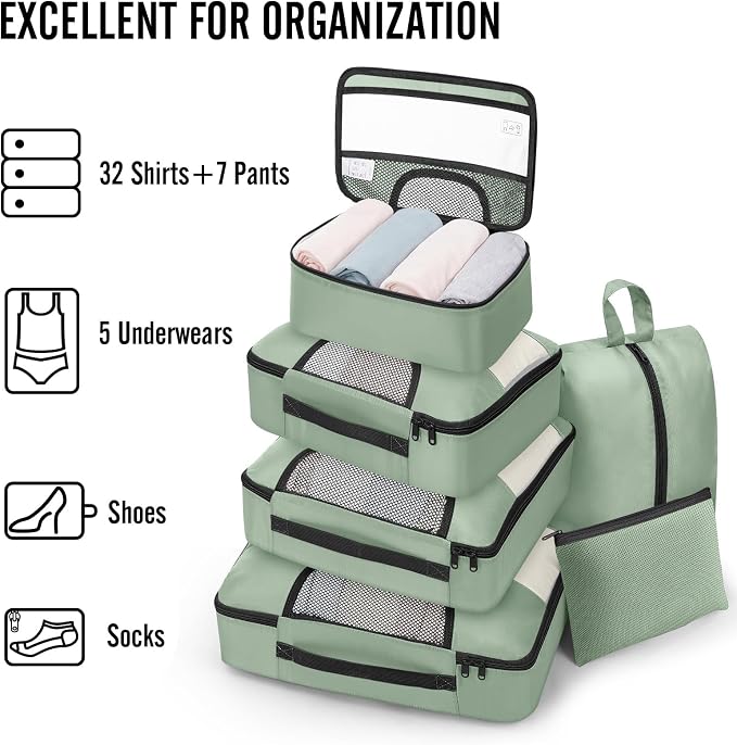 Veken 8 Set Packing Cubes for Travel Essentials,Anti-Wrinkle Buckled Suitcase Organizer for Shoe & Toiletry Bag,Carry On Luggage Bag with 99+ Count Mesh Holes for Airplane & College Dorm Accessories
