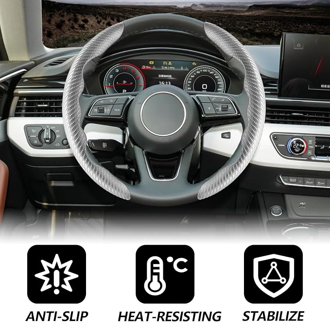 2pcs Universal Fit Carbon Fiber Steering Wheel Cover, Anti-Skid Steering Wheel Cover/Segmented Steering Wheel Protector/Car Interior Accessories (Gray)