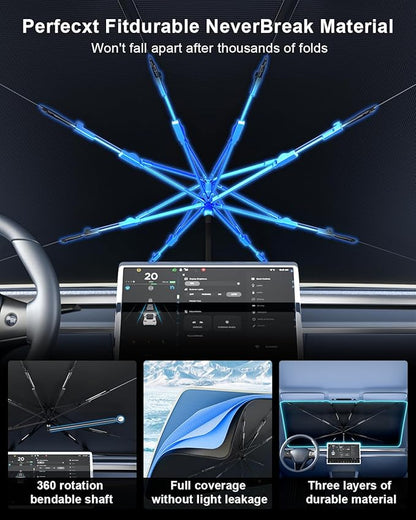 helloleiboo Car Windshield Sun Shade Umbrella 57" x 32", Windshield Sun Shade Foldable with 5-Layer Thickened Vinyl Coating Reflective Heat & UV Protection Fits Most Sedans & Compact SUVs
