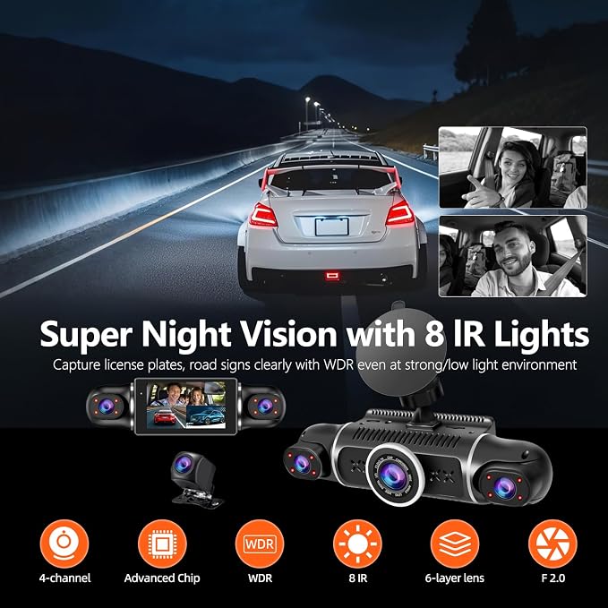 360° Dash Cam Front and Rear View 4 Channel Dash Camera FHD 2K+1080Px3 for Car, Inside/Back 170°+2x150°+170° Wide Angle, 8 IR Lamps Night Vision,WiFi,GPS, APP,G-Sensor with 64GB Card,24/7 Parking Mode