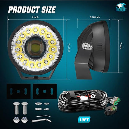 Nilight 7 Inch LED Offroad Driving Lights with DRL 2 PCS 100 W Round Hyper Spot Beam Offroad Light w/ 12 AWG DT Connector Wiring Harness Kit for Jeep Truck ATV UTV SUV
