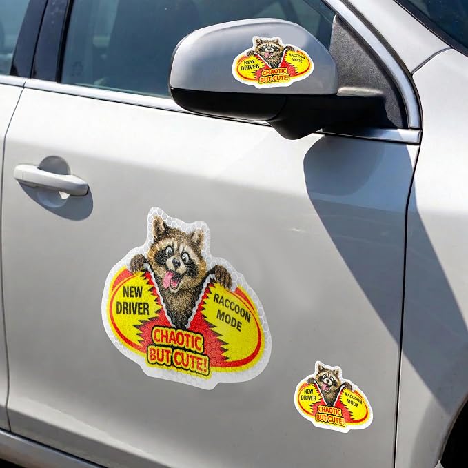 3 Pcs Reflective Student Driver Magnet and Stickers Set - Funny Animal New Driver Safety Signs for Car, Waterproof & Weatherproof High Visibility Vehicle Bumper Decals, Magnet + Stickers (Raccoon)
