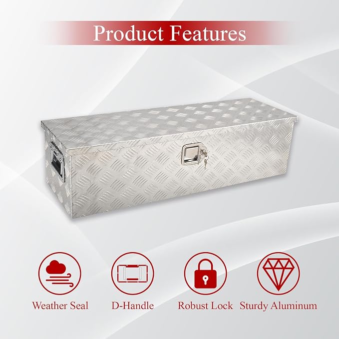 39''Inch Aluminum Truck Tool Box Truck Bed Toolbox Truck Trailer Chest Box Trailer Underbody Storage Organizer Waterproof Square Storage Organizer w/Lock & Keys Silver(‎39" Lx13 Wx10 H)