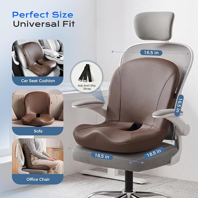 Coverado Car Seat Cushion and Lumbar Support Pillow One Piece, Napa Leather Memory Foam Ergonomic Back Support Driving Seat Cushion for Back Pain, Non-Slip Washable Cushion for Car, Driver, Office