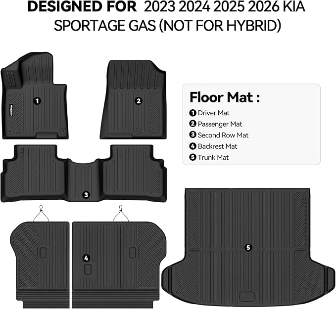 Floor Mats for 2023 2024 2025 Kia Sportage Gas (Not Hybrid), Trunk Mat and Backrest Mat All Weather TPE Protector for Kia Sportage Accessories Floor Liner