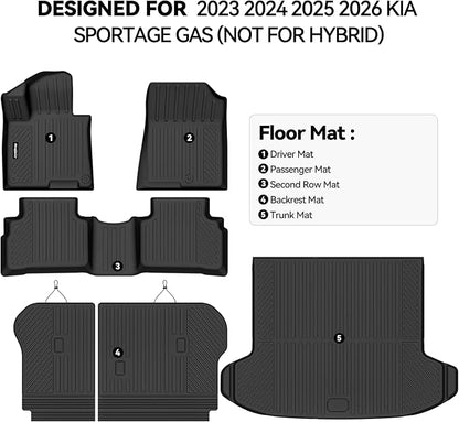 Floor Mats for 2023 2024 2025 Kia Sportage Gas (Not Hybrid), Trunk Mat and Backrest Mat All Weather TPE Protector for Kia Sportage Accessories Floor Liner