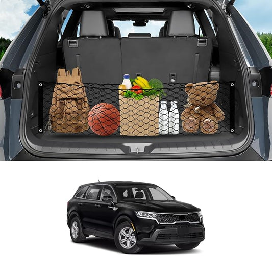 Karltys Envelope Style Cargo Net for 2021-2024 2025 2026 Kia Sorento, Heavy Duty Rear Trunk Mesh Cargo Net for 2025 Sorento Accessories, Elastic Mesh Netting Organizer with Metal Hooks