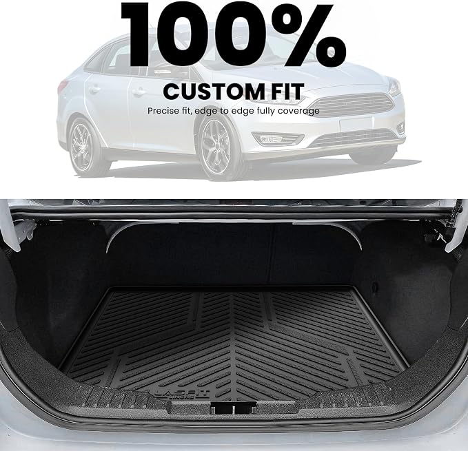 LASFIT Cargo Mat for 2012–2018 Ford Focus Sedan (Gas Models Only, No Subwoofer) Custom Fit All Weather Trunk Liner, Waterproof Heavy Duty Rear Trunk Protector for Cargo Area