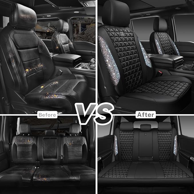 CAR PASS Bling Diamond Leather Car Seat Covers Full Seats Interior Sets, Waterproof Shining Glitter Sparkly Crystal Universal Armrest Automotive Truck SUV Cute Women Girl, Black Multicolor Rhinestone