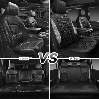 CAR PASS Bling Diamond Leather Car Seat Covers Full Seats Interior Sets, Waterproof Shining Glitter Sparkly Crystal Universal Armrest Automotive Truck SUV Cute Women Girl, Black Multicolor Rhinestone