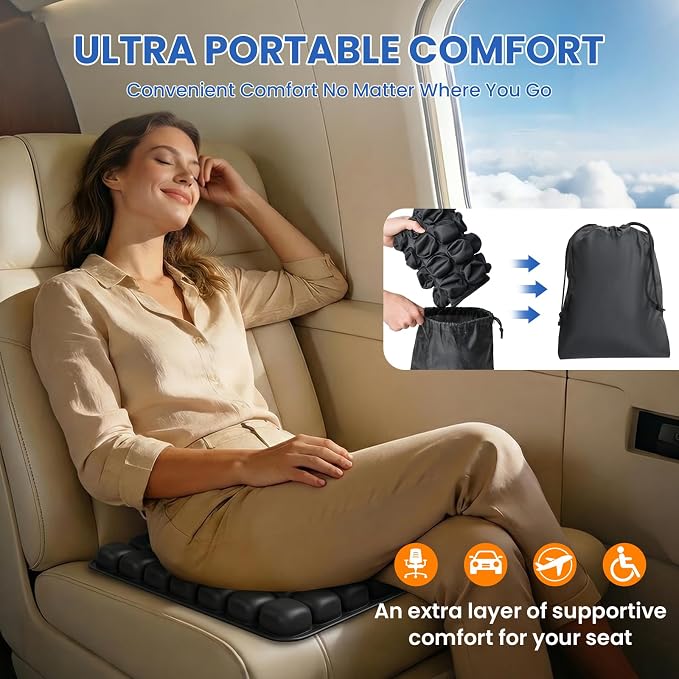 JUMPOW Inflatable Seat Cushion for Travel & Office Chairs, Pressure Relief Air Travel Cushion with Pump for Long Sitting, Car Seats, Airplane Travel Seat Cushion, Portable & Comfortable