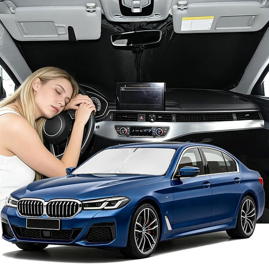for BMW 5 Series 2017-2026 Windshield Sun Shade - 4 Layers for Front Windows Shade Cover Custom Fit 5 Series 525i 520i 528i 530i 535d 535i 550i 250T Retractable Shade Blocks UV Rays Car Accessories