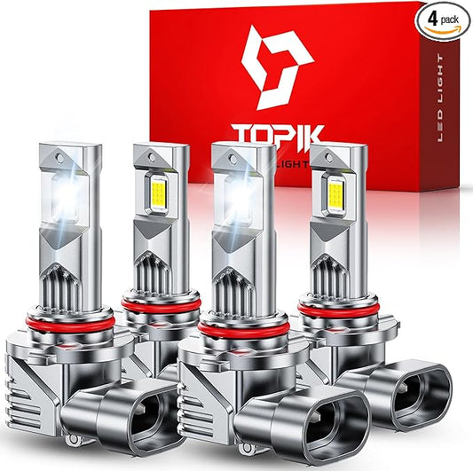 TOPIK 9005 9006 LED Light Bulbs Combo, 76,000LM 900% Brighter, HB3 HB4 Light Bulbs, Plug N Play, 50000+ Hours Lifespan, No Flicker, 99% Compatibility, 4PCS