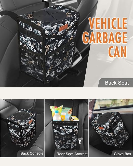 Pritent Car Trash Can with Lid, Cute Leakproof Car Trash Garbage Bag Hanging Vehicle Trash Bin Small Portable Automotive Garbage Cans Organizer for Back/Front Seat(Trapezoid,Black with Lily Print)