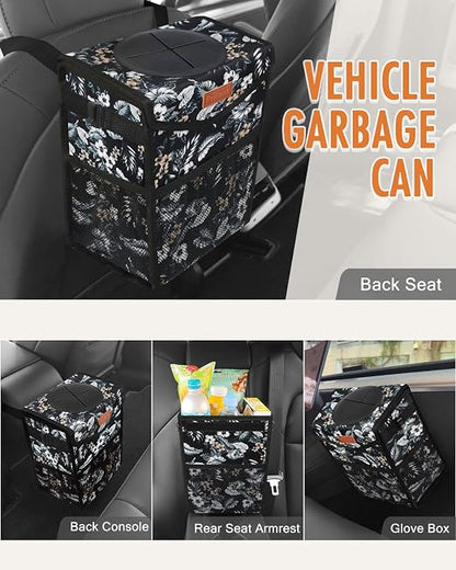 Pritent Car Trash Can with Lid, Cute Leakproof Car Trash Garbage Bag Hanging Vehicle Trash Bin Small Portable Automotive Garbage Cans Organizer for Back/Front Seat(Trapezoid,Black with Lily Print)