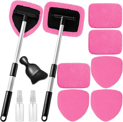 Qydipclin 11pcs Windshield Cleaner Tool, Car Window Cleaning Wash Kit with 6 Reusable Microfiber Pads 2 Spray Bottles and Extendable Handles Auto Glass Wiper Kit, Pink