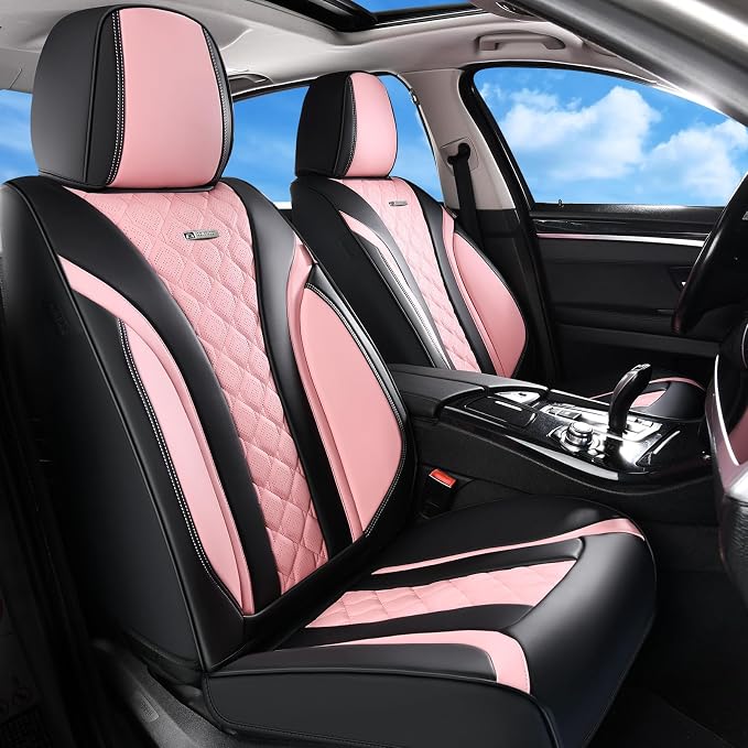 Coverado Seat Covers, Car Seat Covers Front Seats, Perforated Diamond Leather Car Seat Cover, Waterproof Car Seat Cover, 2 Pack Car Seat Protector Front Seat Cover Universal Fit Most Car, Black&Pink