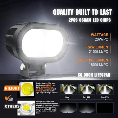 Nilight 2 PCS 4 Inch Motorcycle LED Pods 2100LM Built-in EMC Driving Light Super Spotlight Offroad Fog Lights w/ 16AWG DT Wiring Kit for Motorbike SUV ATV Truck Boat Tractor Forklift