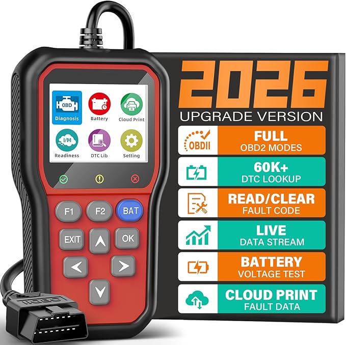 BluSon YM319 OBD2 Scanner Diagnostic Tool with Battery Tester, Check Engine Fault Code Reader with Live Data, Cloud Printing, DTC Lookup, Freeze Frame, Scan Tool for All OBDII Cars Since 1996, Red