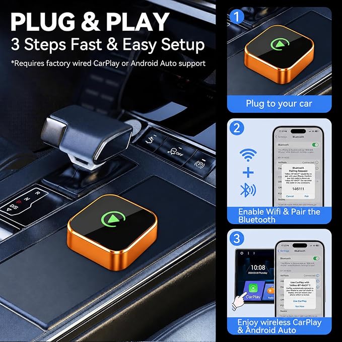 2026 Wireless CarPlay Adapter for iPhone & Android Auto,Mini Wired to Wireless Apple CarPlay Adapter,Plug & Play,Seamless Reconnection, Compatible for iPhone iOS 10+ Android 11+(Orange)