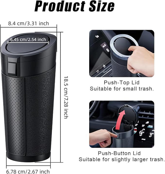 Car Trash Can Cup Holder with Lid, Leakproof Silent Mini Trash Can for Car, Press & Pop, Small Automotive Garbage Bin for SUV, Truck, Office, Home, Bedroom