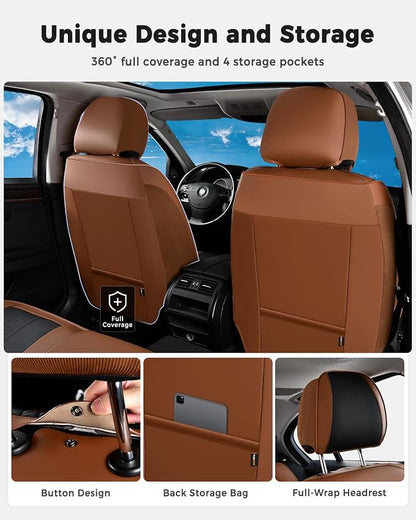 Huidasource Front Car Seat Cover, Luxury Faux Leather Car Seat Covers Front Seats, Fit Airbags, Seatbelt Buckles, Perforation, Cooling＆Heating, Universal Fit for Most Cars Vans Trucks SUVs Brown＆Black
