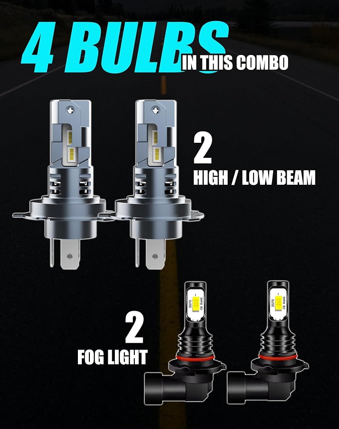 Bulb Combo for Toyota Sequoia 2001 2002 2003 2004 2005 2006 2007 | H4/9003 High Low Beam and H10/9145 Fog Lamp Bulbs, 20000Lm 40W 6500K Fan Cooling EMC Plug and Play, 4-Pack