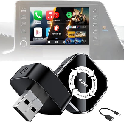 2026 4-in-1 CarPlay Adapter Wireless CarPlay + AirPlay + Android Auto + MirrorLink | Plug-&-Play for iPhone 10+ & Android 11+ | USB-A & Type-C Dual Ports (Black and White)