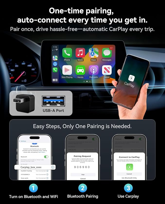 Wireless CarPlay Adapter 2 in 1 2026 Upgraded for Factory Wired CarPlay, Car Play/Android Auto, Auto-Reconnect Wired to Wireless Dongle No-Lag, Plug-and-Play, 5GHz WiFi, Bluetooth 5.3 USB-A & USB-C
