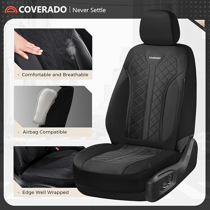 Coverado Black Front Seat Covers, Automotive Seat Covers 2 Seats, Mesh Car Protectors 2-Pack, Auto Seat Covers Spill-Proof Design Universal Fit for SUV, Vans, Sedan, Truck