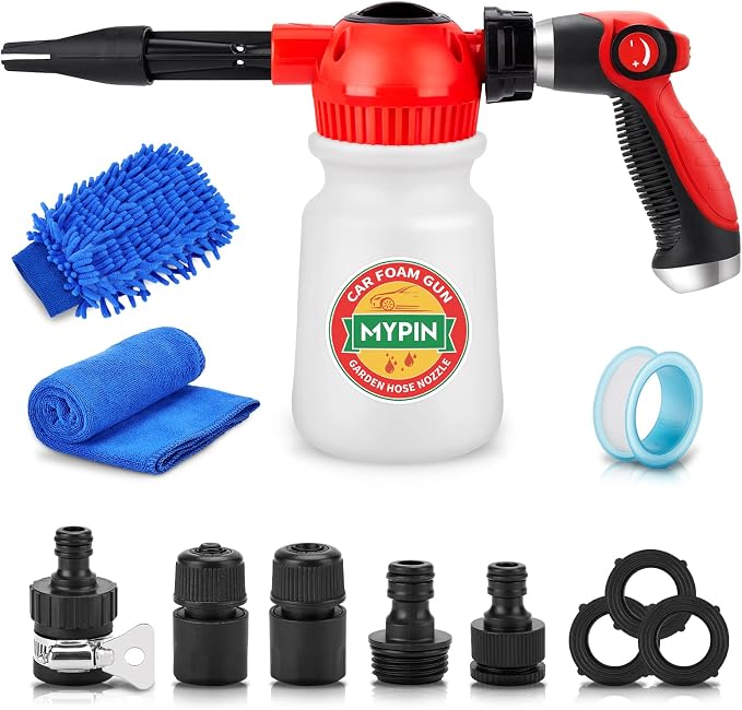 MYPIN New Rotary Dial 16 in 1 Car Wash Foam Gun, Foam Cannon, Adjustable Hose Wash Sprayer with 2.5-6 Bars Foam Blaster, with Nozzles, Wash Mitten &Towel, with 1/2” Quick Connector for Car Cleaning