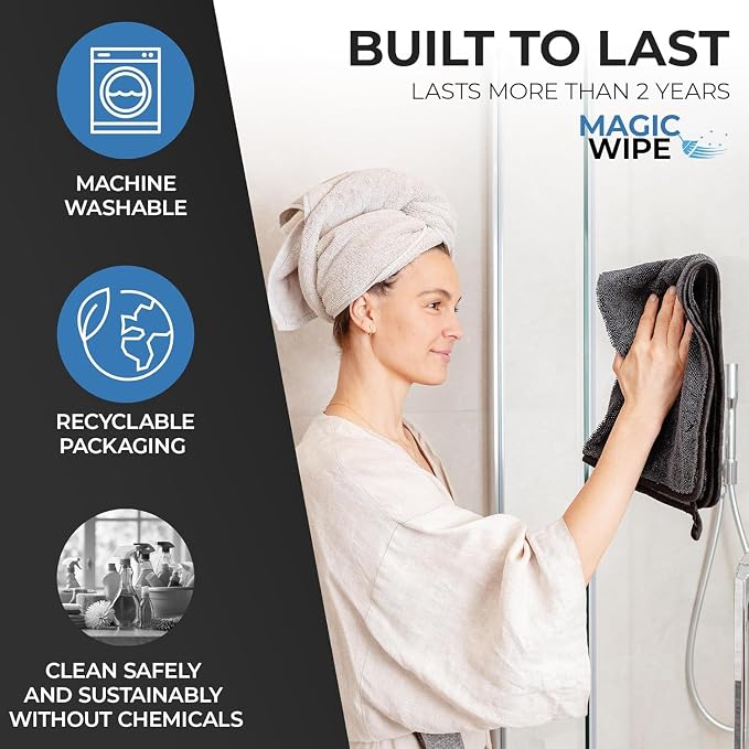 Magicwipe® Bathroom Drying Cloth – Removes Limescale & Hard Water Stains in Seconds with Just Water – Streak-Free for Shower Glass & Tiles – Reusable Microfibre Cloth (1, Black 40x60cm)