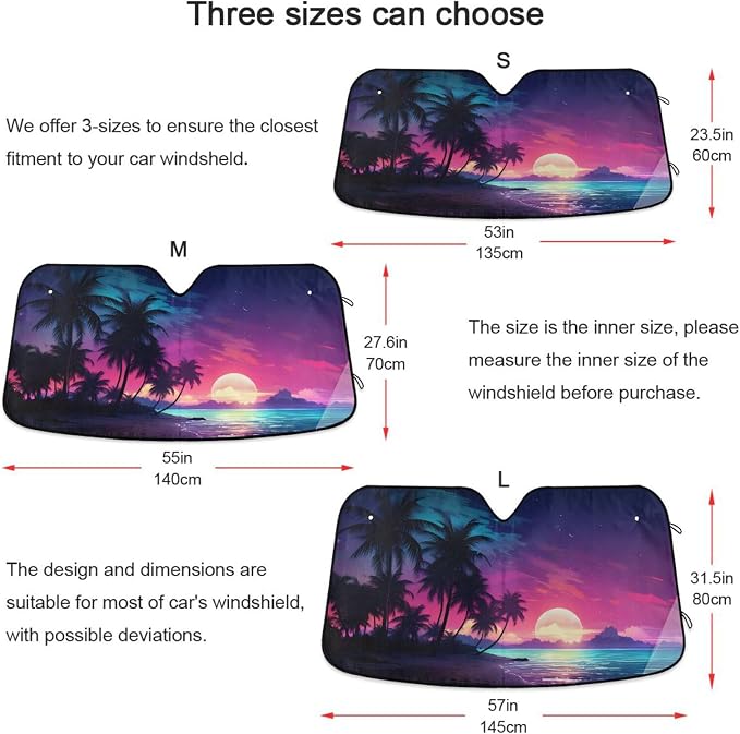 Windshield Sun Shade Palm Tree Beach Tropical Front Window Block UV Shades Visor Reflective Retractable for Car SUV Trucks
