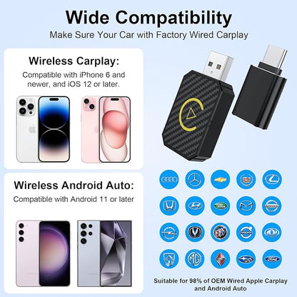 2-in-1 Wireless CarPlay and Android Auto Adapter, CarPlay Dongle Converts Wired to Wireless, Mini USB Design for Cars with Built-in Wired Apple CarPlay, Plug & Play, Auto-Connect for iPhone & Android
