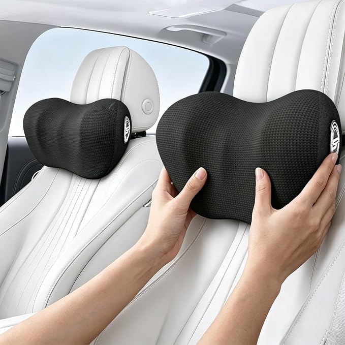 SPRFUFLY 2 Pack Car Headrest Pillow, Cloudlike Car Pillow with Adjustable Strap - 100% Memory Foam & Breathable Removable Cover, Ergonomic Design Car Neck Pillow for Driving(Includes 2 Eye Masks)