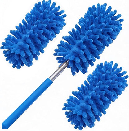 Microfiber Duster for Cleaning, GMLKRY Hand Washable Dusters with 3pcs Replaceable Microfiber Head, Extendable Pole, Detachable Cleaning Supplies for Office, Car, Window, Furniture (Blue)