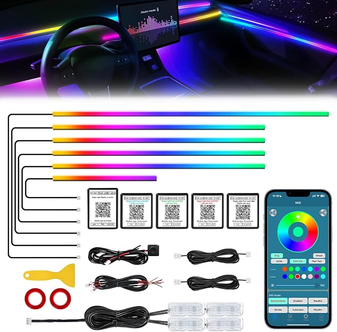 Dreamcolor Acrylic Interior Car LED Strip Light with Wireless APP, RGB 10 in 1 with 175 inches 612 LEDs Fiber Optic Strip Lights for Car, Dual Zone Symphony Neon Car Ambient Lighting