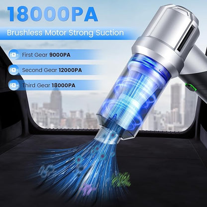 Car Vacuum Portable Cordless with 18000PA Super Suction, 4 in 1 Portable Air Blower/Car Vacuum 90°Foldable Handheld Rechargeable Brushless Motor, Gifts for Men for Home, PC