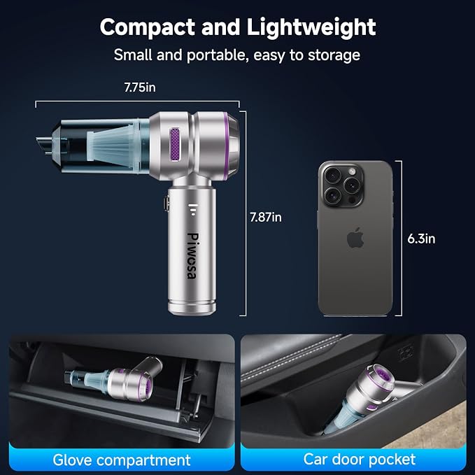 Handheld Vacuum Cordless, Car Vacuum Cleaner with Brushless Motor, Strong Suction Vacuum & Compressed Air Dusters with LED Light, Type C Port, Wireless Mini Portable Hand Vacuum Blower for Home, Pet