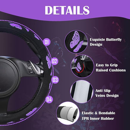 Car Pass Purple Butterfly Steering Wheel Covers, 14.5" to 15.5" Car Wheel Cover Universal Fit for Suvs, Small Trucks, Sedans, Cars for Cute Women Girly (Black and Purple)