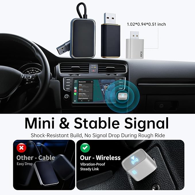 Wireless CarPlay Adapter for iPhone - Stable Connection Plug & Play Convert Wired to Wireless for iOS 10+ and Cars from 2016 USB A/USB C