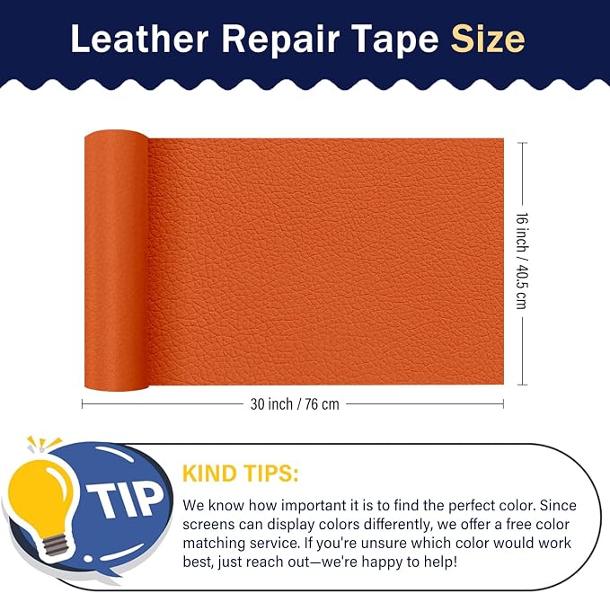 Zenyao Leather Repair Patch Tape - Self Adhesive Leather Repair Kit for Car Seat Furniture, Heavy Duty Vinyl Repair Patch for Couch Sofa, Waterproof Fix for Tears, 12x30 Inch Roll, Orange