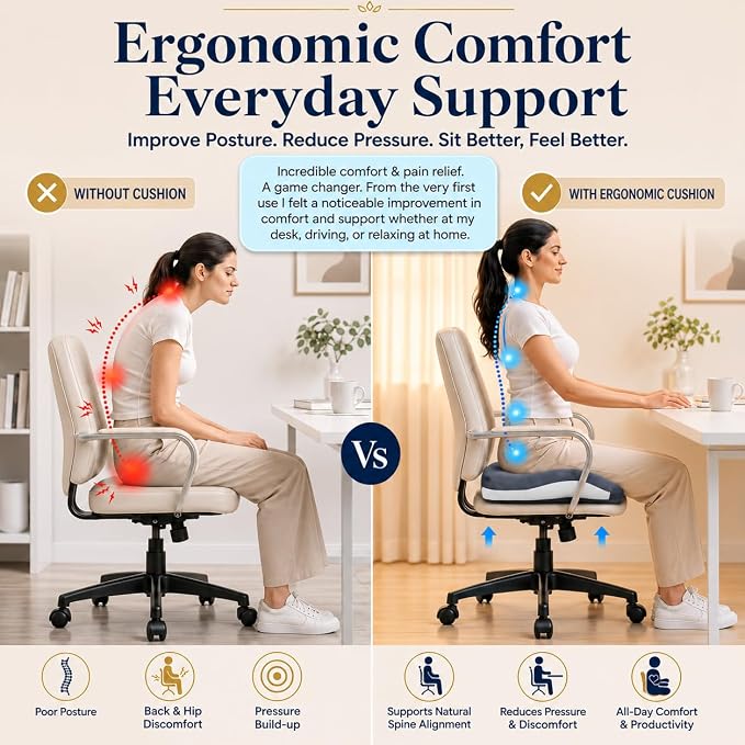 Seat Cushions for Office Chairs Wheelchair Cushion for Long Sitting Back Pain，Memory Foam Seat Car Computer Desk Chair Cushion，Coccyx Cushion for Tailbone Pain Relief Cushion Office Chair Butt Pillow