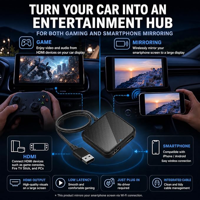 Car TV Adapter with HDMI Input, Wireless CarPlay and Android Auto Dongle for Fire TV Stick, Plug and Play 2K Multimedia Streaming Converter for Factory Wired CarPlay Cars